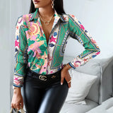 Women Fashion Shirt Lady Long Sleeve Blouse Turn-down CollarButton Design Print Casual