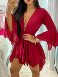 Fashion Women Sexy Casual Two-piece Set Suit Sets Solid Deep V Long Sleeeve Tied Top & Shorts
