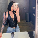 hirigin Black White PU Leather Sexy Crop Top Y2k Streetwear Halter Backless Lace Up Bandage Tank Tops Women Clothing
