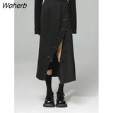 Designer Split Skirt Women Casual Outwear Slim Chic Korean Skirt Female High Street Button Black Gothic Y2k Clothes 2022-Outfit