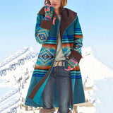Warm Woolen Coat 2020 Winter Vintage Print Hooded Long Coat Casual Turn Down Collar Button Fleece Female Cardigan