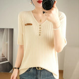 Woherb 2024 New Short Knit Women's Fashion Slim Short-Sleeve T-Shirt Thin Medium Sleeve Top-Outfit