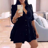 hirigin Solid Ruffles Shirt Dress Women Streetwear Half Sleeve Buttons Up High Waist Mini Dress Summer Casual Party