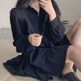 Chic Autumn Simple Temperament Folding Loose Shirt Dress Bubble Sleeve Short Doll
