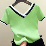 Color Striped Knitted 2021 Summer Top Shirt Woman Clothes V-Neck Short Sleeve Shirt Women Femme Camisetas Mujer