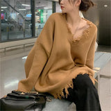 Woherb New Autumn-Winter 2023 V-Neck Sweater Female Loose Long Sleeve Lazy Wind Jacket Sweater Niche Style Broken Hole Sweater-Outfit