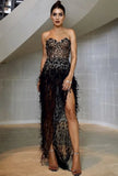 Black Strapless Irregular Tassels Evening
