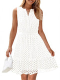 Women's Summer Sleeveless Dress V Collar Hollow Pores High Waist A Skirt Swing Short Party