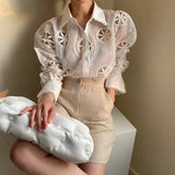 Sexy See Through Long Sleeve Loose White Blouse Top High Quality Hollow Out Floral Embroidery Elegant Shirt New Trend