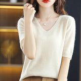 Woherb 2024 New Short-Sleeved Sweater Women's T-Shirt Solid Color V-Neck Short-Sleeved Bottom Shirt Top Thin Style A Hair-Outfit