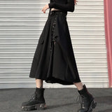 Punk Women Midi Skirt Summer Black Fashion Split High Waist Belt A Line Dark Academic Gothic Long Skirt Streetwear