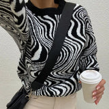 Wave Print Y2K Knit Sweaters Chic Vintage Cute Casual Pullovers Aesthetic Crewneck Fashion Harajuku Clothes