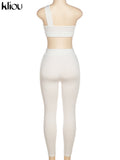 Kliou Sporty Solid Two Piece Set Women Skinny Inclined Shoulder Hole Cleavage Tank Tops+ Concise Stretchy Pants Workout
