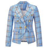 Autumn Women Checked Blazer Casual Fashion Button Cropped Long Sleeve Jacket Elegant Chic Blue Female Office Suit