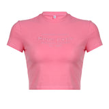 Woherb Spice Girl Personality Letter Embroidered Short-Sleeved T-Shirt Women's Solid Color Slim Crop Round Neck Shoulder Top-Outfit