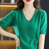 Woherb 2024 New Short-Sleeved Sweater Women's T-Shirt Solid Color V-Neck Short-Sleeved Bottom Shirt Top Thin Style A Hair-Outfit