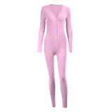 hirigin V-neck Button Sexy Rompers Woman Long Sleeve Slim Bodycon Casual Sporty Jumpsuit Autumn Letter Embroidery