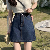 Korean Style Denim Mini Skirts for Women Summer 2024 Dark Blue Short A Line Skirt Woman Jeans High Waist Skirts Female-Outfit