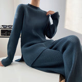 Woherb Color Sweater Open Fork Wide Leg Pants Two Sets Of Fashion Lazy Wind Knit Sweater Woman-Outfit