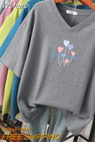 100% Cotton M-6XL T Shirt Heart Balloon Print Tshirt Short Sleeve Women's Top Summer Couple V Neck Oversized T Shirts-Outfit