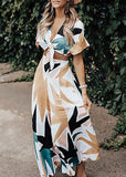 Print Colorful Knotted Crop Top and High Waist Wide Pants 2pc