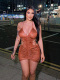 Solid Satin Sleeveless Backless Halter Slim Hollow Out Pleated Bodycon Sexy Mini Dress 2021 Fall Women Elegant