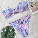 Woherb New Sexy Bikini Solid Color Strapless High Waist Swimsuit Metal Accessories Women's