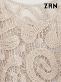 Women Fashion Cropped Semi-sheer Crochet Knit Sweater Sexy O Neck Long Sleeve Female Pullovers Chic Tops-Outfit