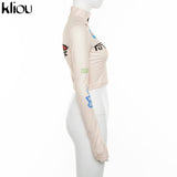 Kliou high quality fashion print bodycon soft tees crop top spring new long-sleeve casual elastic harajuku streetwear