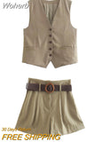 2023 Summer Women Linen 2 piece sets Suits Casual Solid Vests Coats and Shorts Female Sweet Street Suit Clothing-Outfit