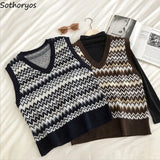 Vest Women Elegant Preppy Korean Style Loose Popular Vintage Tops Sleeveless All-match Chic V-neck Simple Autumn