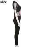 Kliou Mesh Patchwork Jumpsuits Women Fashion Skinny Short Sleeve Zipper Elastic Cleavage Rompers Streetwear Female