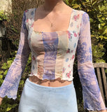 Graphic Print Green Mesh Sheer T-shirt Long Flare Sleeve Slim Crop Tops Sexy See Trough Women Tops Y2K Vintage