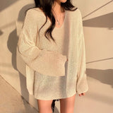 2021 White Blouse Hollow Out Sunscreen Sweater Loose Lady Tops V-neck Sweater Summer Sunscreen Blouse New Chic