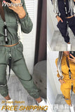 Women Fashion Casual Autumn Winter 2pcs Clothes Set Pockets Zipper Long Sleeve Top Elastic Waist Pants Cargo Solid Color-Outfit