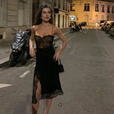 And Winter Sexy Black Lace Dress Date Night Outfits for Women Spaghetti Strap Backless Split Midi Dress French Style-Outfit