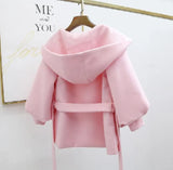 Women Woolen Coat Solid Color Hooded Waist Strap Female