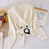 Elegant Women Cardigan Sweater Fashion Belt Autumn Knitted Double Breasted Long Sleeve Tunic Coat Sexy V Neck Black