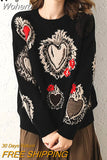 Embroidery Knit Sweater Women Pullover Love Knitted Sweaters Spring Vintage Long-sleeved Casual Jumpers Knitwear QH2215-Outfit