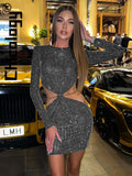 Sexy Bing Hollow Out Chain Slim Bodycon Mini Dress Party Club Streetwear Festival Evening Summer Autumn Women Outfit-Outfit