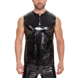 Woherb Men's Mirror PU Bright Leather Vest Slim Leisure Waterproof Sleeveless Leather Vest Size Accurate-Outfit