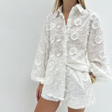 Woherb Suit 2024 Spring Autumn New Fashion Cotton Embroidered See-Through Shirt High Waist Shorts-Outfit