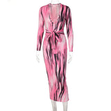 Long Sleeve Print V-Neck Bandage Sexy Long Dress 2021 Autumn Winter Women Christmas Party Elegant Outfits