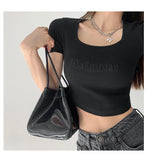 Woherb Letter Embroidered Slim Bottom Shirt Square Collar Low Breast Collarbone Short-Sleeve T-Shirt Midcrop High Waist