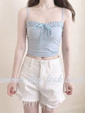 Japanese Crop Top Summer Kawaii Skinny Tanks Camis Blue Bow Tube Bras Y2k Short Solid Sexy Sleeveless Bandage Cropped Women