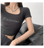 Woherb Letter Embroidered Slim Bottom Shirt Square Collar Low Breast Collarbone Short-Sleeve T-Shirt Midcrop High Waist