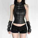 Street Babes High-Necked Metal Buckle Leather Waist Design Repair Short Sleeveless