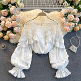 Mesh Splice Blouse Women Elegant Solid Puff Sleeve Lace Ruffles Blouses Autumn Casual Loose Streetwear