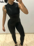 Kliou Solid Concise Jumpsuits Women Skinny O-Neck Sleeveless Zipper Body-Shaping High Waist One Piece Outfit Streetwear