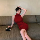 Version Of Summer Dress New Style Slim High-Necked Knitted Dress Sexy Slim Sleeveless Hip Skirt-Outfit
